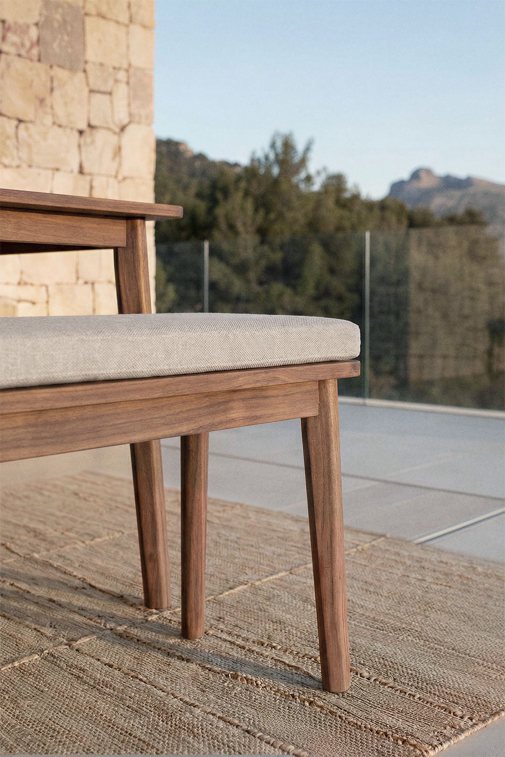 Set da tavolo rettangolare 180x90 cm e 2 panche da giardino in legno di acacia Kaela, immagine della galleria 2