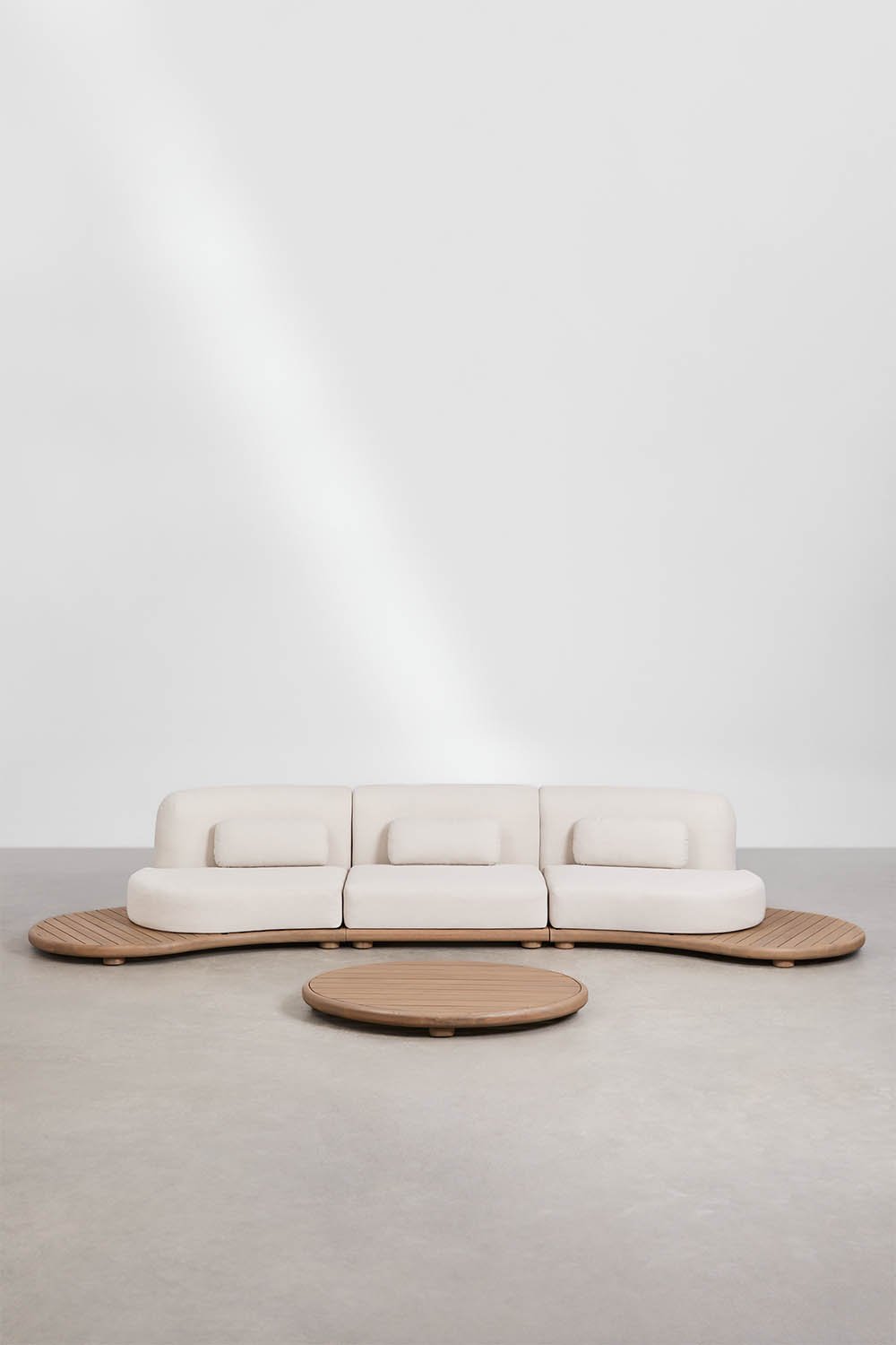 Set da giardino con divano modulare dritto a 3 pezzi e tavolino ovale 120x95 cm in legno di acacia Gerard, immagine della galleria 3