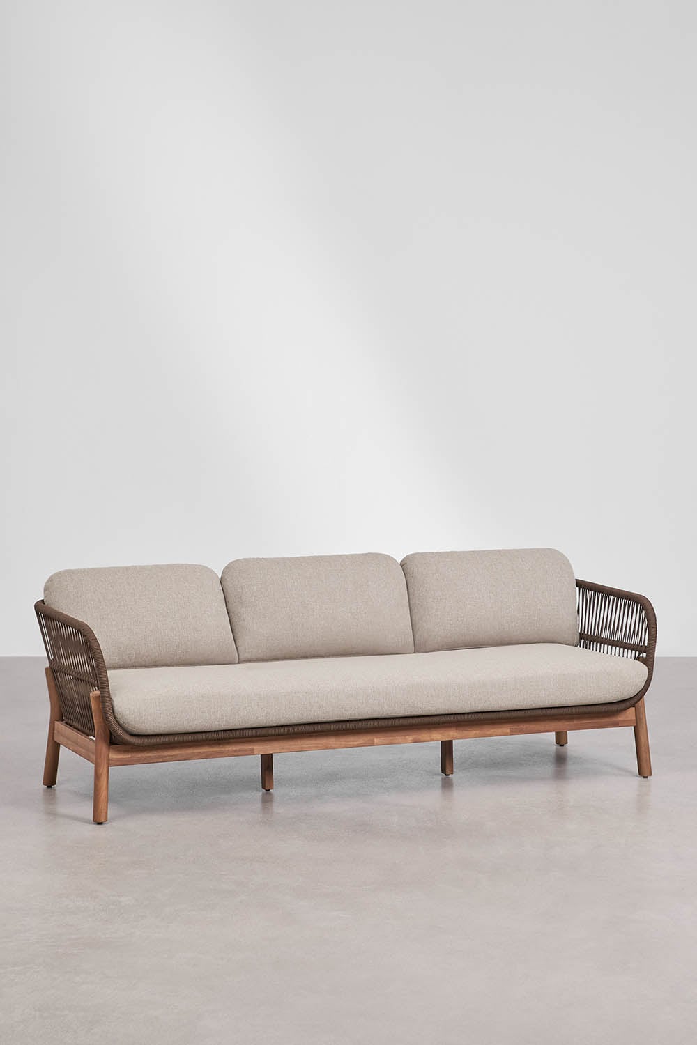 Set da giardino con divano 3 posti, 2 poltrone e tavolino in legno di acacia e corda intrecciata Karvia, immagine della galleria 4