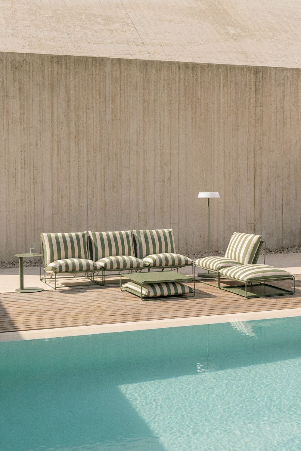 Set da giardino con divano modulare a 3 pezzi, poltrona, tavolino laterale e pouf convertibili Amaro, immagine della galleria 1