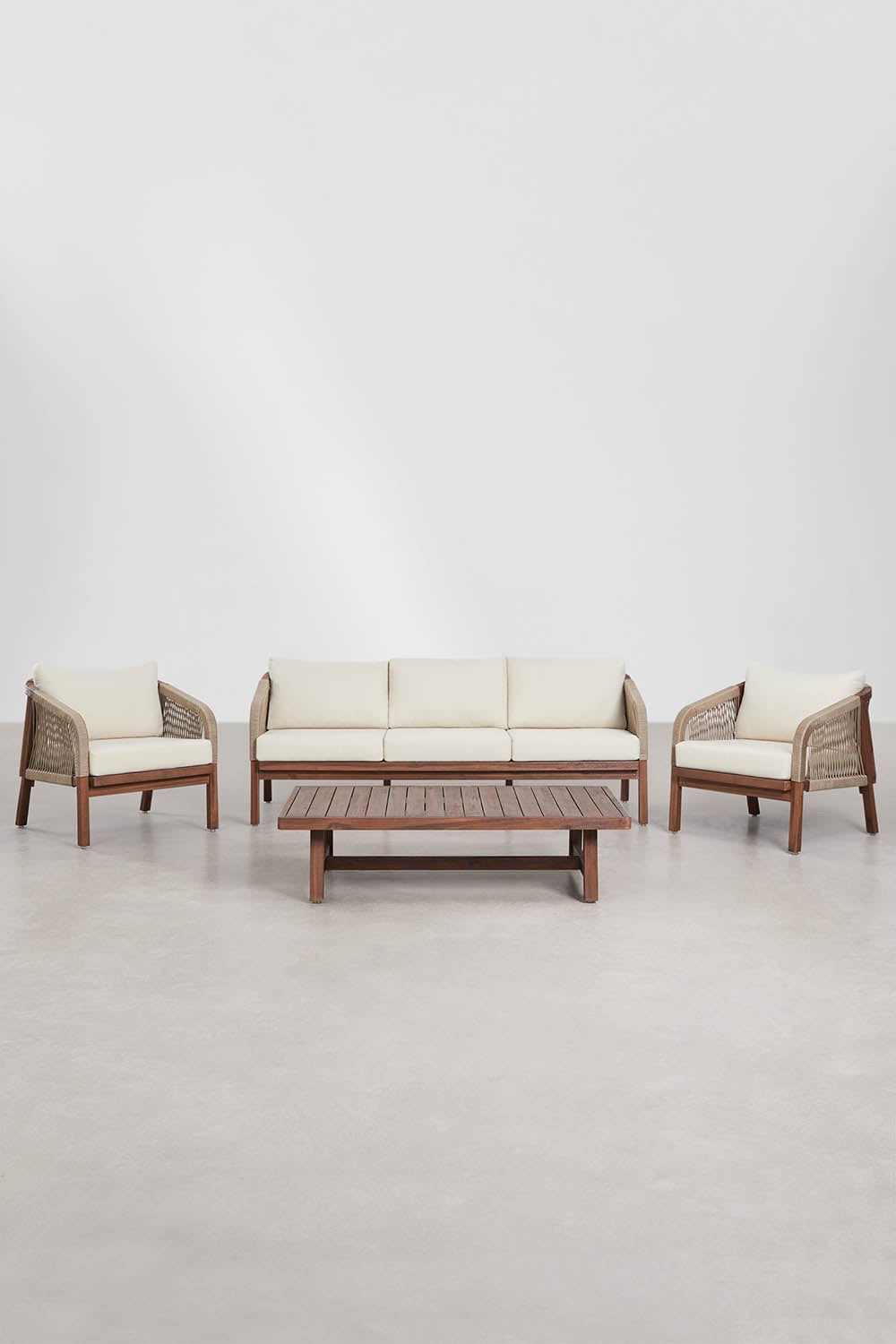 Set da soggiorno con divano a 3 posti, 2 poltrone e tavolino in legno di acacia Dubai, immagine della galleria 1