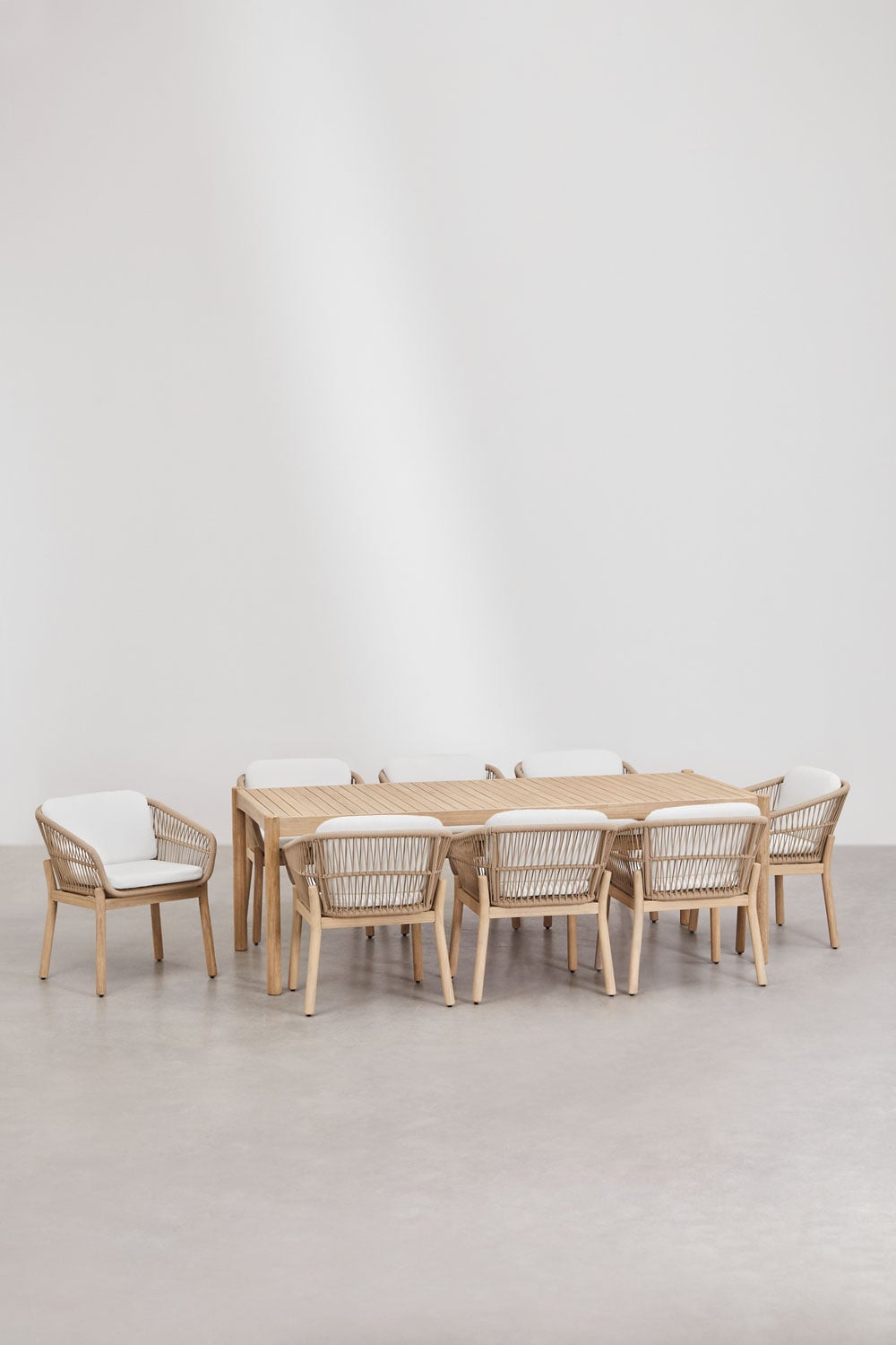 Set da tavolo rettangolare 220x100 cm e 8 sedie da pranzo in legno di acacia e corda intrecciata Karvia, immagine della galleria 1