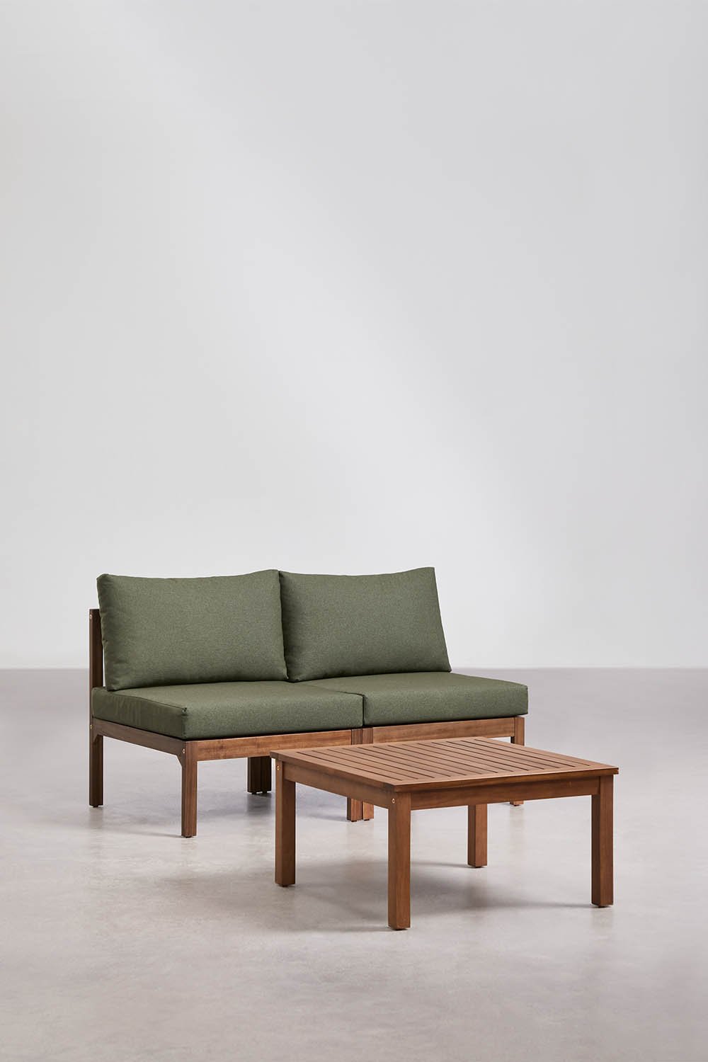 Set da giardino con divano modulare a 2 pezzi e tavolino in legno di acacia Branson, immagine della galleria 3