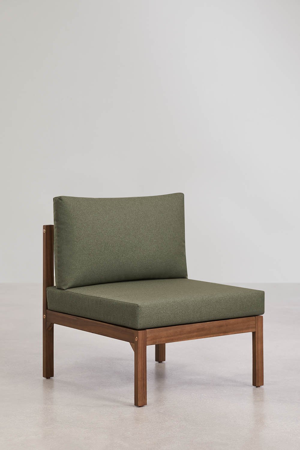 Set soggiorno con divano modulare a 3 pezzi con braccioli, poltrona e tavolino in legno di acacia Branson, immagine della galleria 5