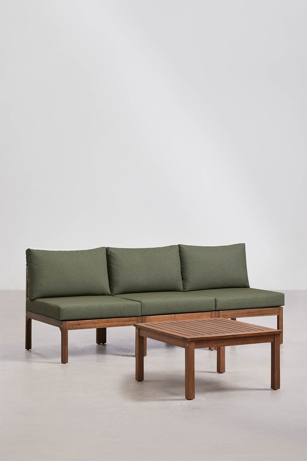 Set da giardino con divano modulare a 3 pezzi e tavolino in legno di acacia Branson, immagine della galleria 3