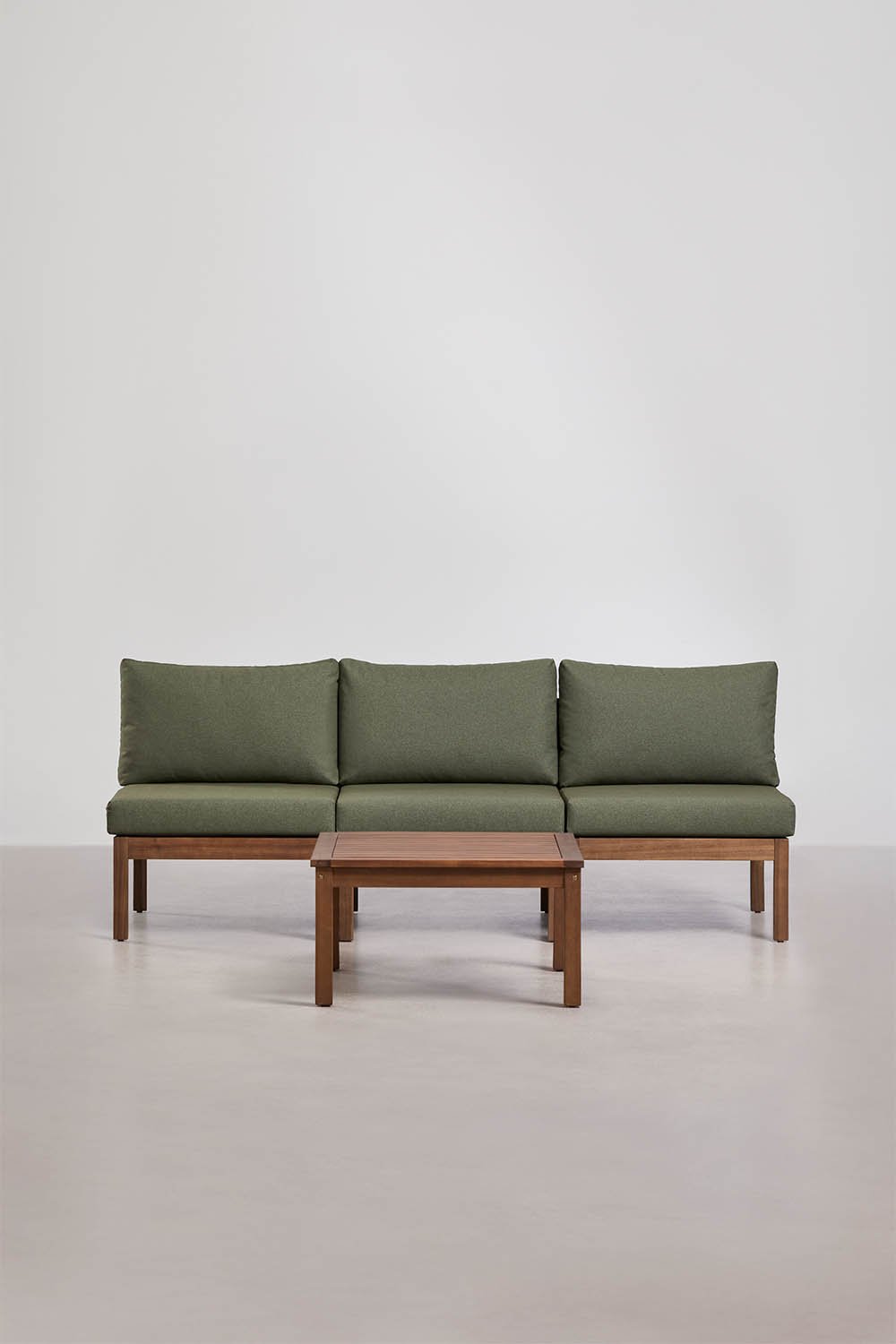Set da giardino con divano modulare a 3 pezzi e tavolino in legno di acacia Branson, immagine della galleria 5