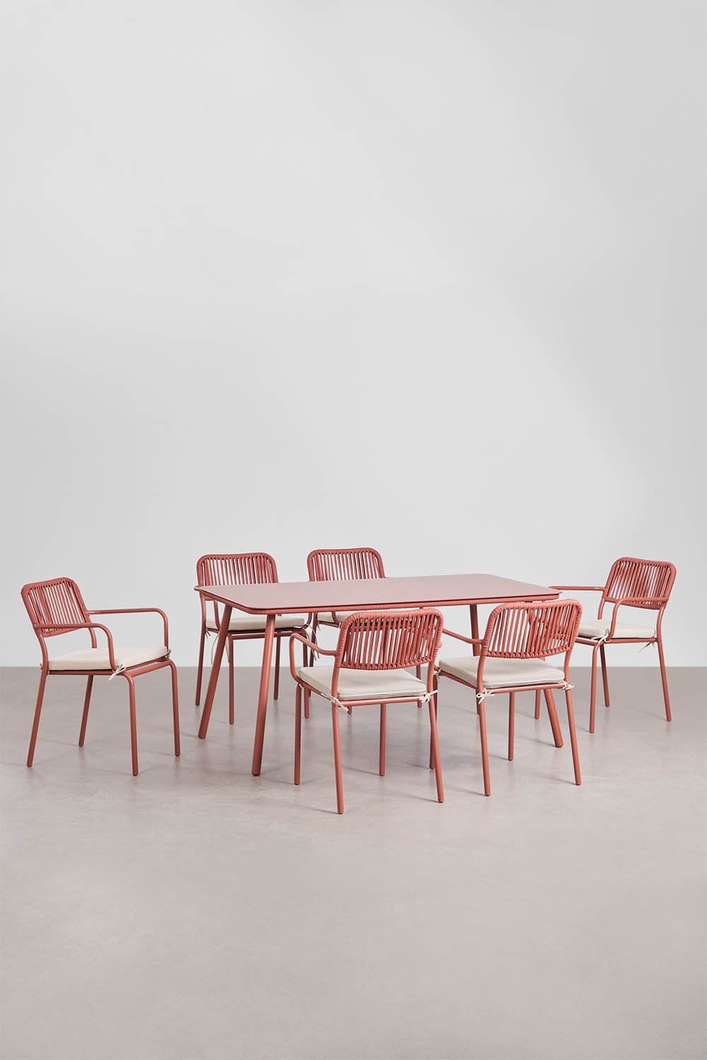 Set da tavolo rettangolare 160x90 cm e 6 sedie da pranzo impilabili in corda intrecciata Arhiza, immagine della galleria 1