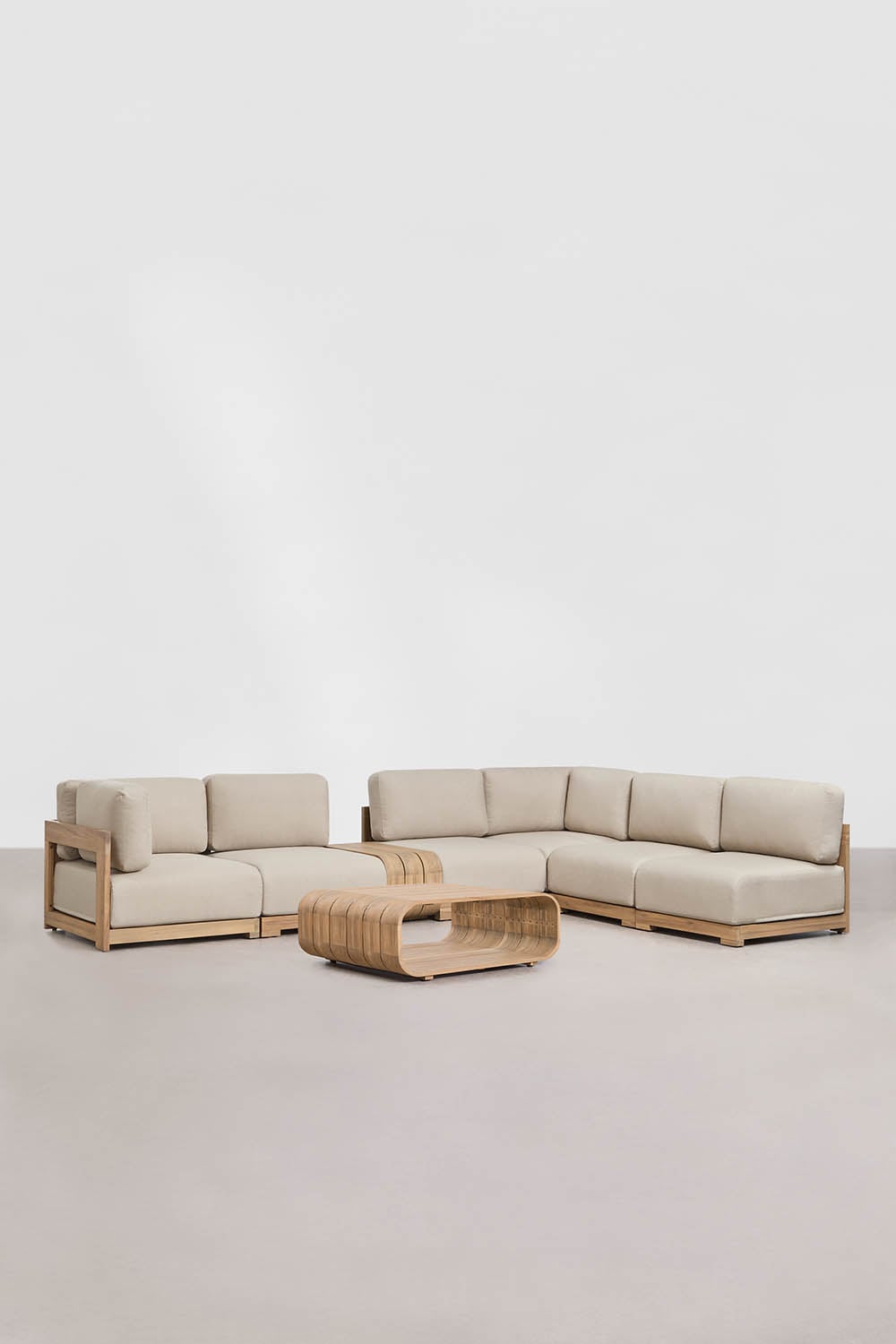 Set da giardino con divano modulare angolare a 6 pezzi, tavolino laterale e tavolino da caffè in legno di acacia Brivori, immagine della galleria 3