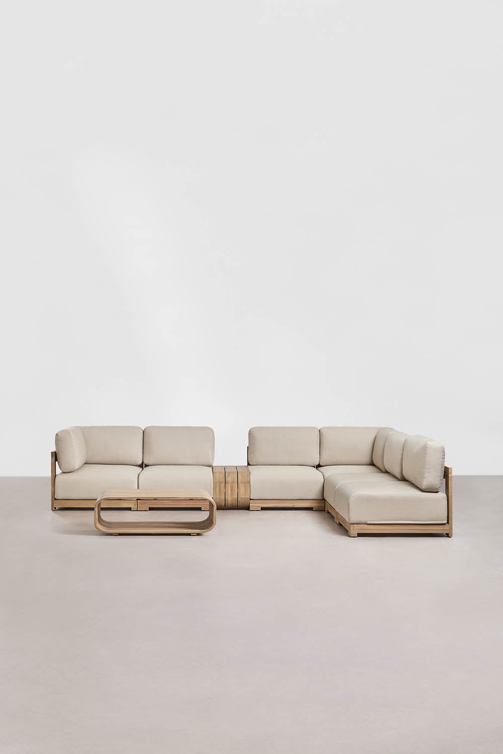 Set da giardino con divano modulare angolare a 6 pezzi, tavolino laterale e tavolino da caffè in legno di acacia Brivori, immagine della galleria 5