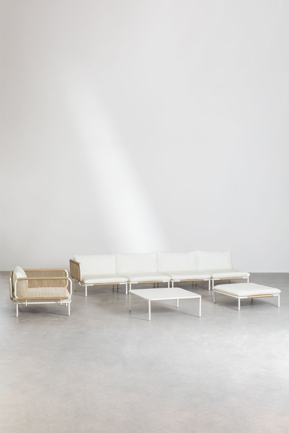 Set da giardino con divano modulare angolare a 4 pezzi, tavolino da caffè, pouf e poltrona in acciaio Roubly, immagine della galleria 1
