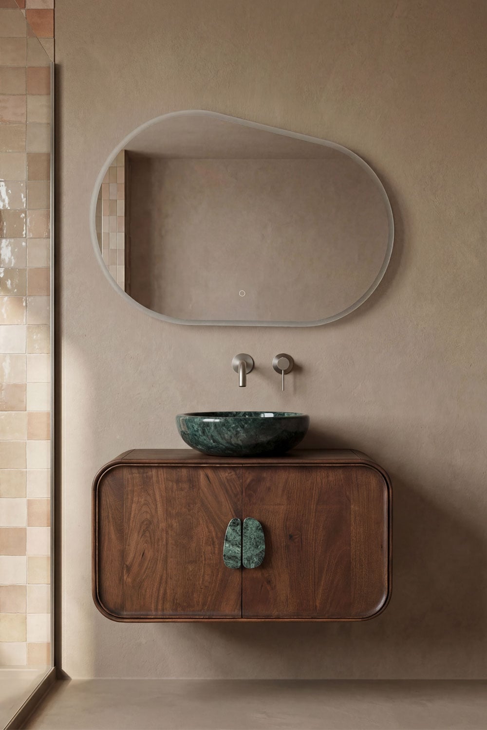 Set di mobili da bagno sospesi 95x45 cm in legno di mango e pietra naturale Kivalina, immagine della galleria 1