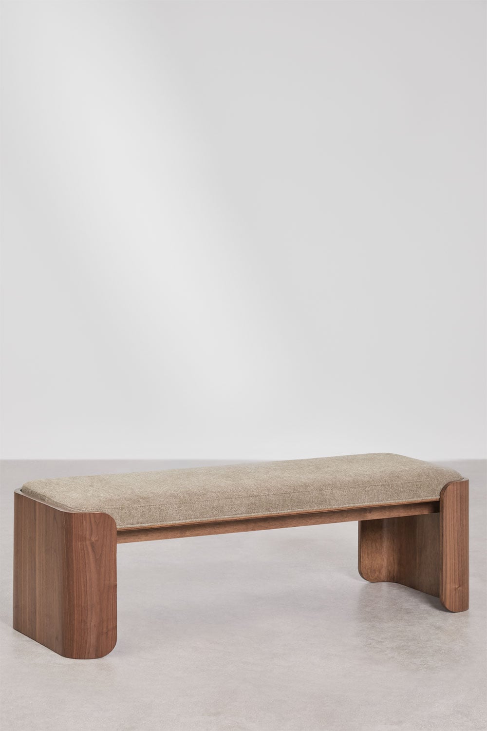 Panca 160 cm in legno di caucciù scuro e tessuto marrone moka Lofren, immagine della galleria 1