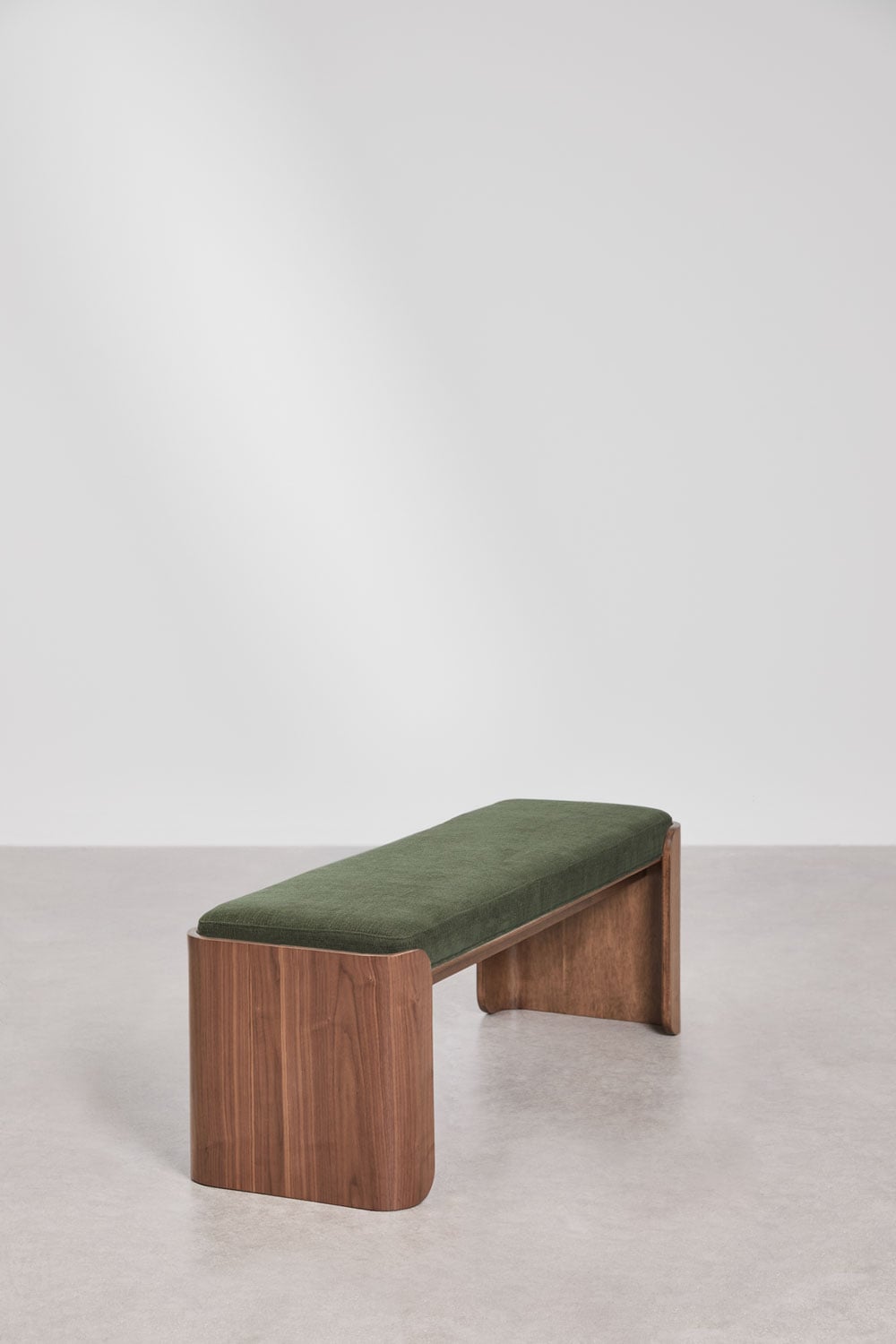 Panca 140 cm in legno di caucciù scuro e tessuto verde oliva intenso Lofren, immagine della galleria 2