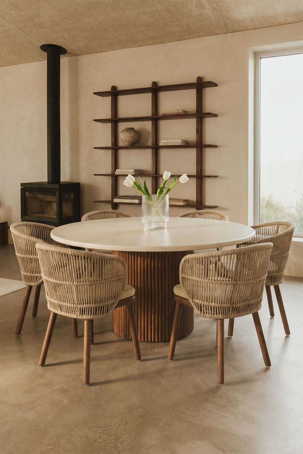 Tavolo da pranzo rotondo in cemento e legno di acacia Sirvon, immagine della galleria 1