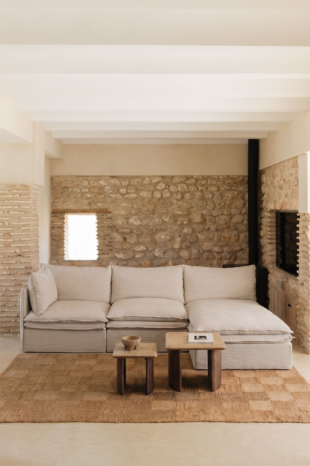 Divano modulare chaise longue a 3 pezzi in lino e cotone Grace, immagine della galleria 1