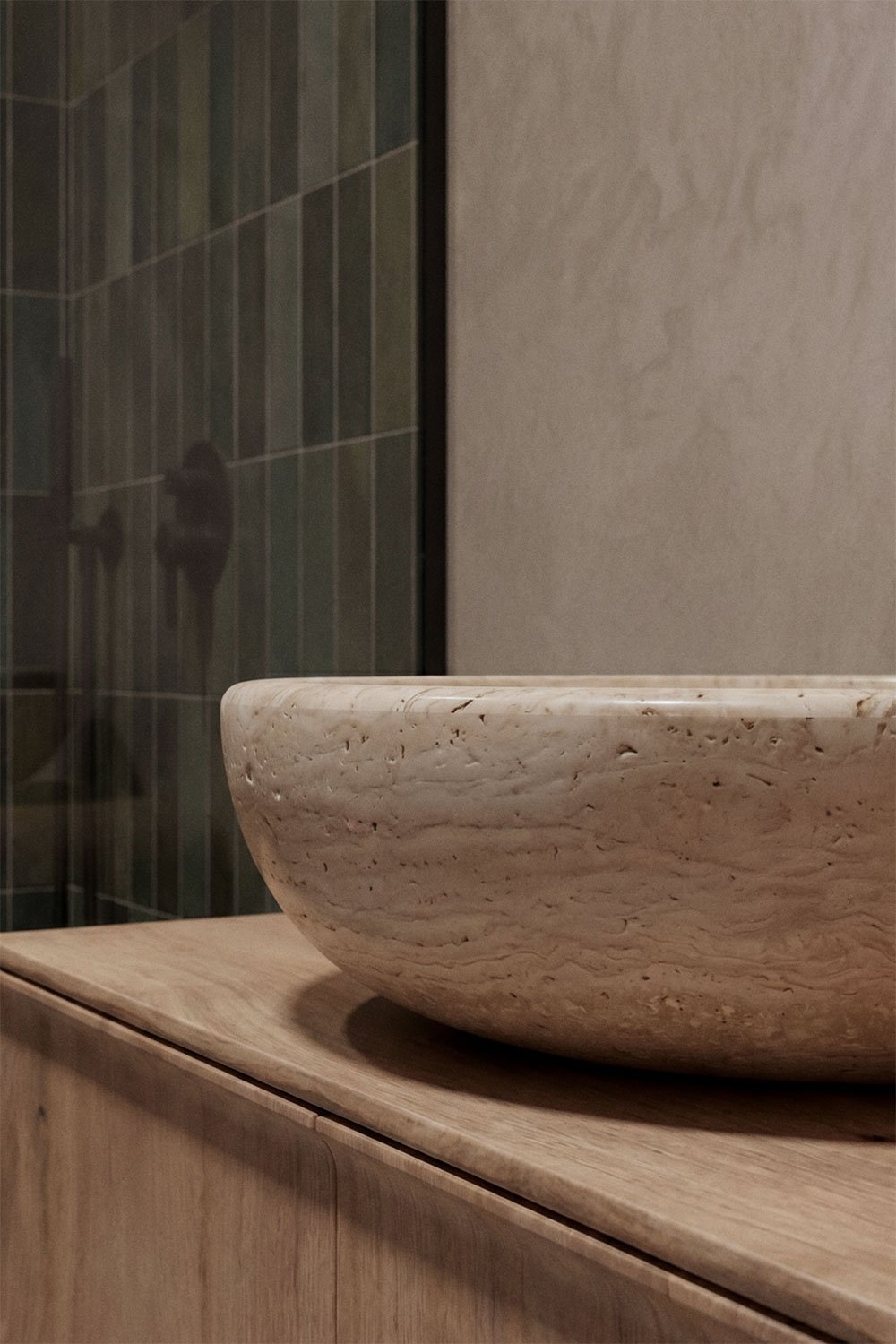Set di mobili da bagno sospesi 95x45 cm in legno di mango e pietra naturale Kivalina, immagine della galleria 2
