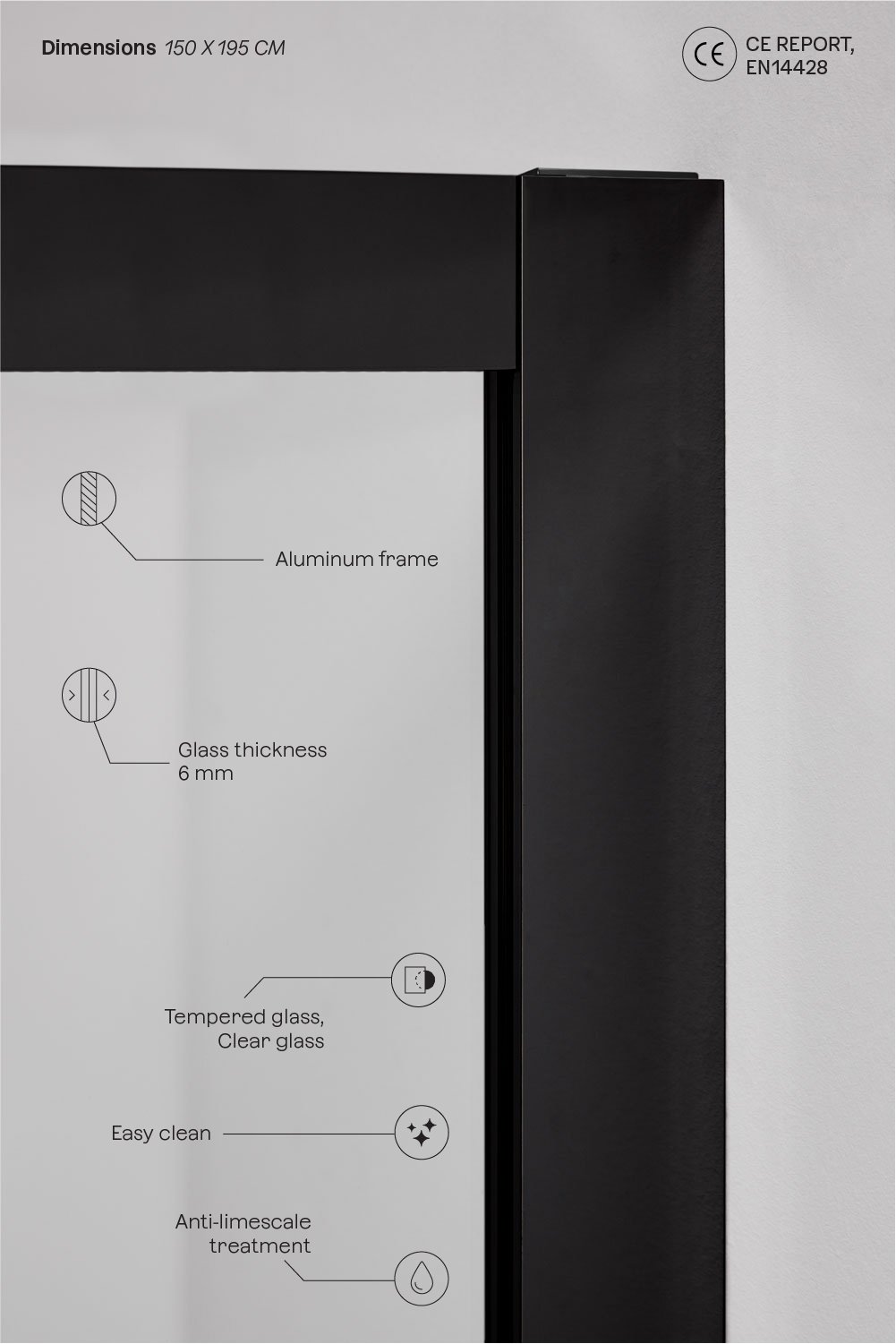 Box Doccia 150x195 cm Porta Scorrevoli, Vetro Temperato 6 mm e Alluminio Nero Opaco Dover, immagine della galleria 3