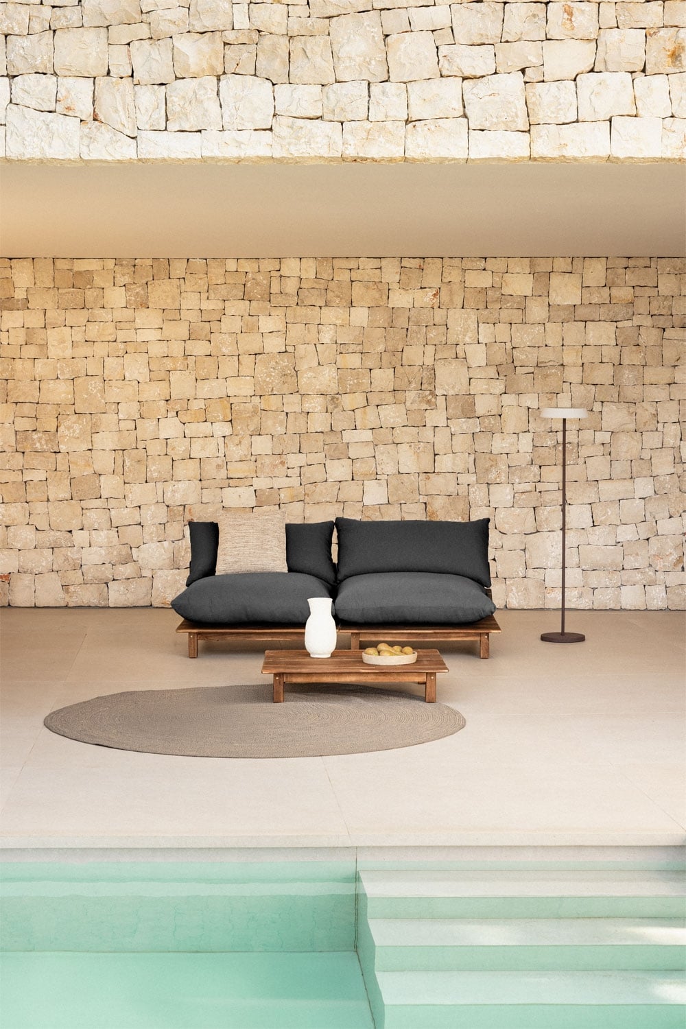 Set da giardino con divano modulare reclinabile a 2 pezzi e tavolino in legno di acacia Brina, immagine della galleria 1