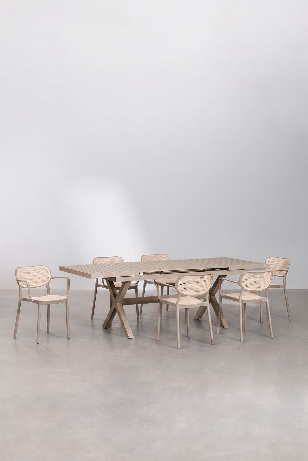 Set da tavolo rettangolare estensibile Karena 180-240x90 cm e 6 sedie da pranzo impilabili con braccioli Omara, immagine della galleria 1