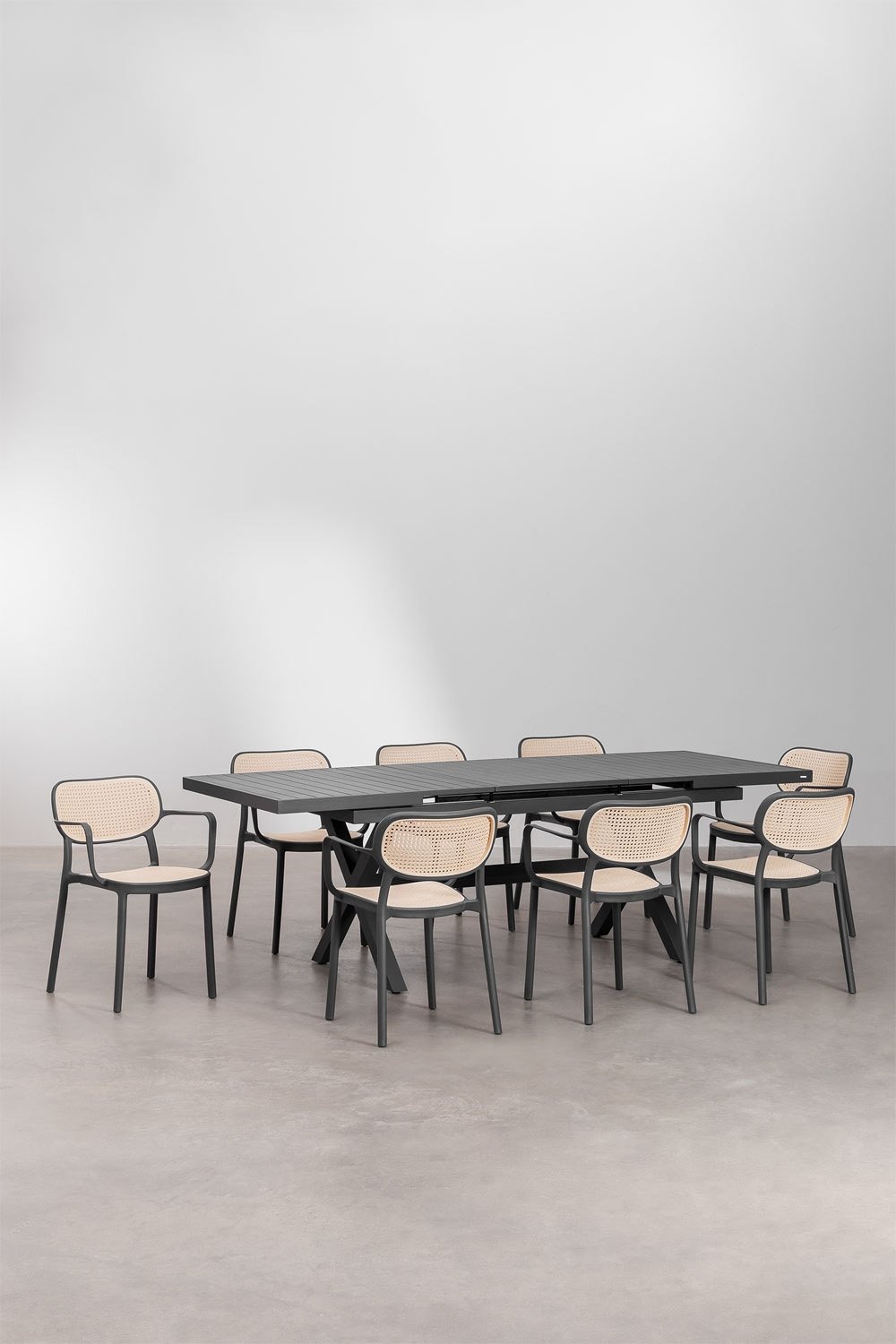 Set da tavolo rettangolare estensibile Karena 180-240x90 cm e 8 sedie da pranzo impilabili con braccioli Omara, immagine della galleria 1