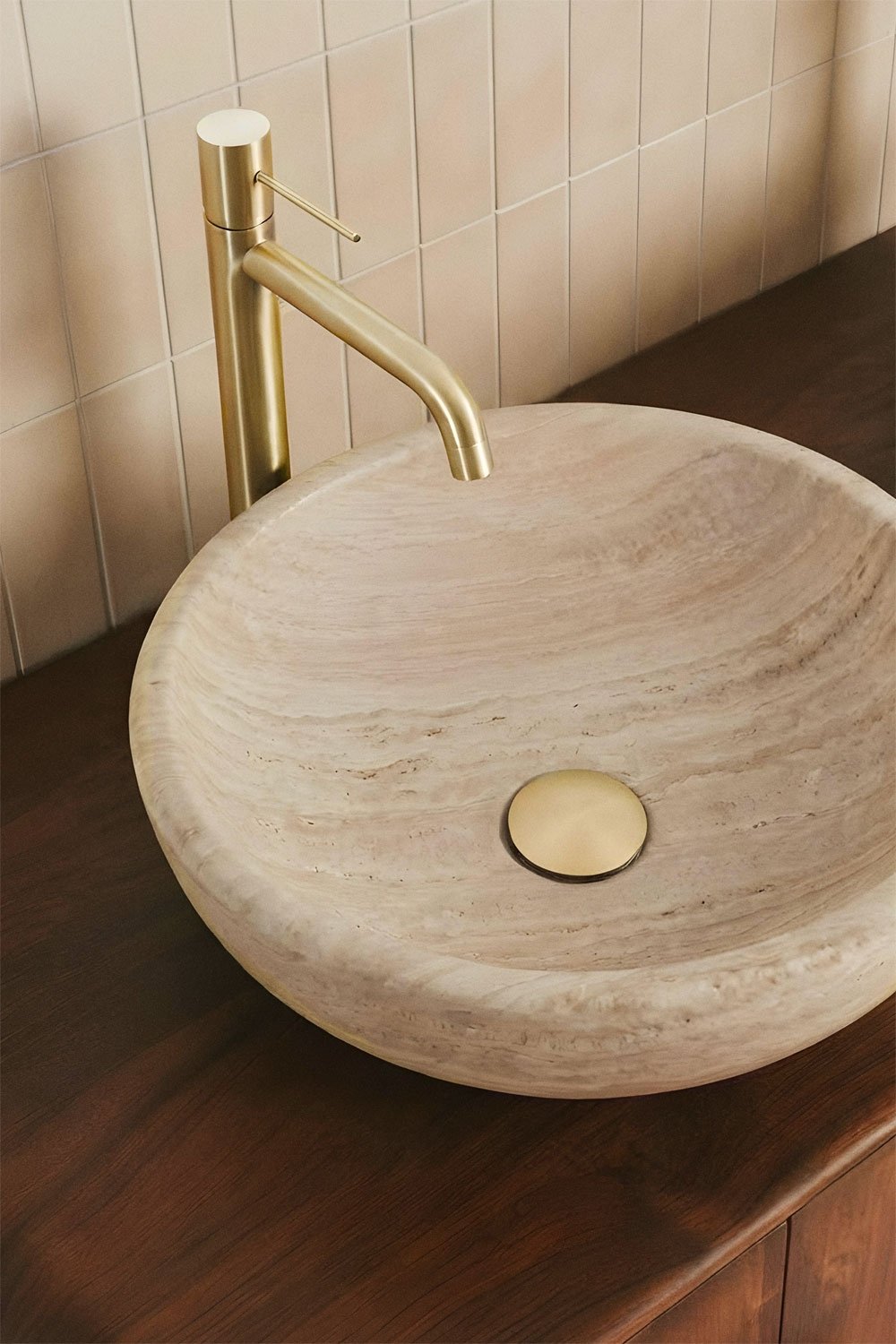 Set di mobili da bagno doppio sospeso 130x45 cm in legno di mango e pietra naturale Kivalina, immagine della galleria 2