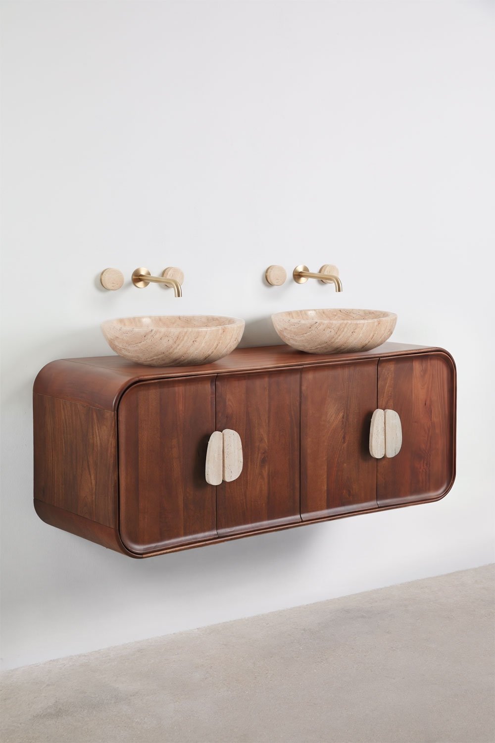 Set di mobili da bagno doppio sospeso 130x45 cm in legno di mango e pietra naturale Kivalina, immagine della galleria 4