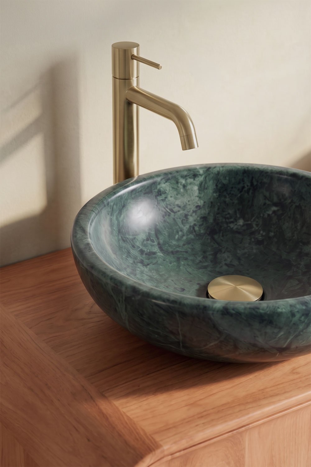 Set di mobili da bagno doppio sospeso 130x45 cm in legno di mango e pietra naturale Kivalina, immagine della galleria 2