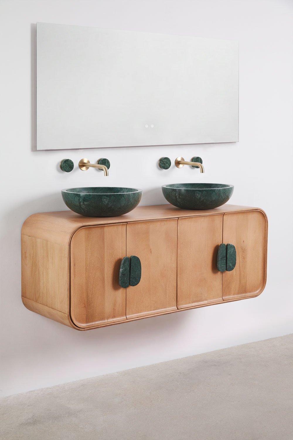 Set di mobili da bagno doppio sospeso 130x45 cm in legno di mango e pietra naturale Kivalina, immagine della galleria 2