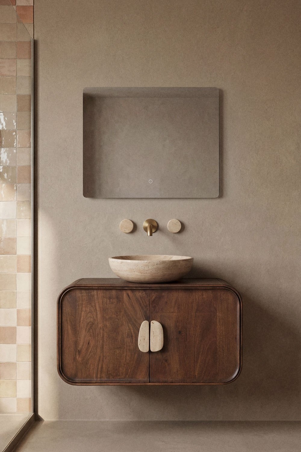 Set di mobili da bagno sospesi 95x45 cm in legno di mango e pietra naturale Kivalina, immagine della galleria 1