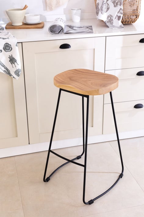 Hoge kruk 75 cm van zwart staal en iepenhout Neicol