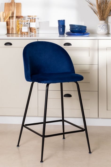 Hoge kruk 65 cm van marineblauw fluweel en zwarte poten Kana Design - Blauw