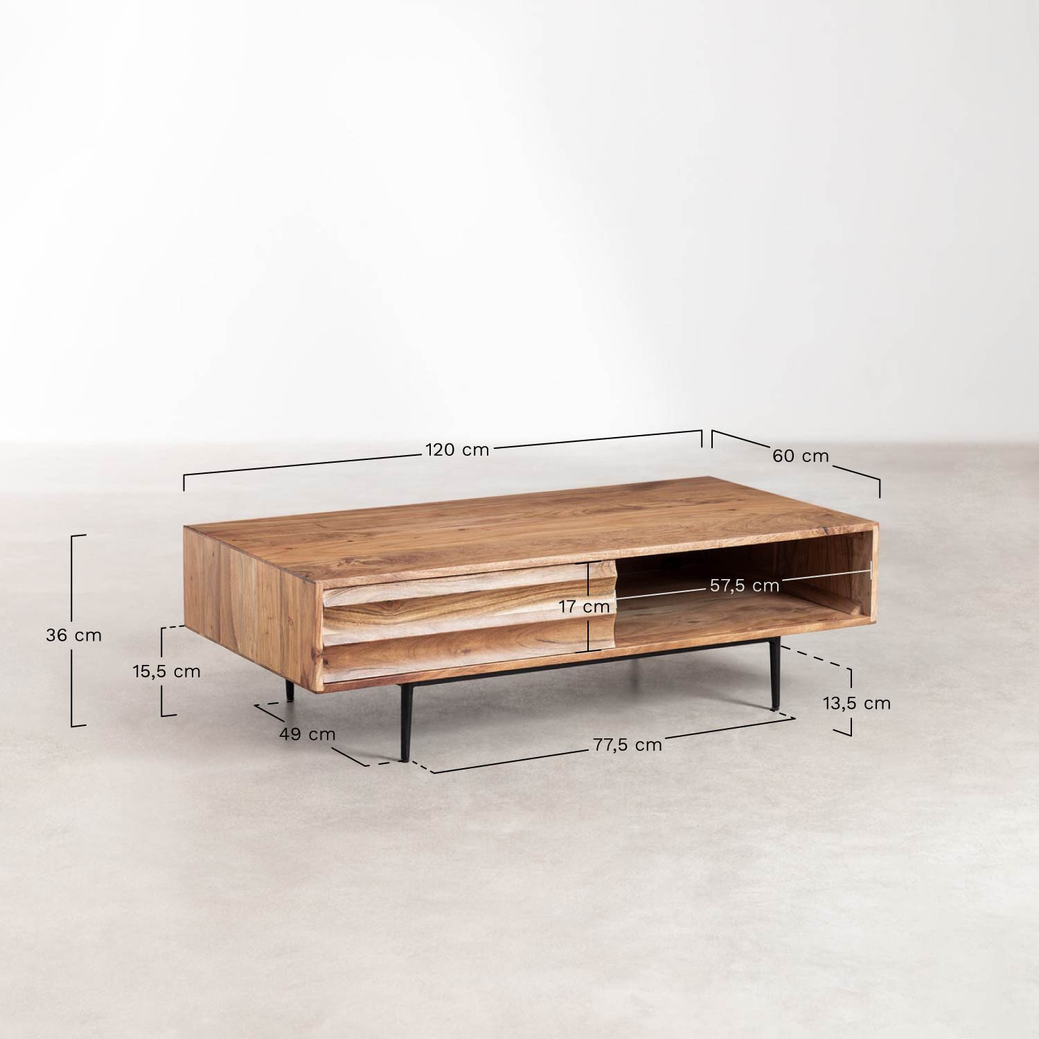 Rechthoekige salontafel 120x60 cm in acaciahout Petter, AFMETINGEN