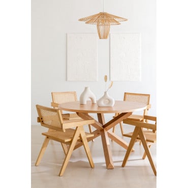 Mieren Ronde Eettafelset (ø120 Cm) En 4 Stoelen Met Armleuningen In Essenhout En Rotan Lali Style Natuurlijk Hout - Sklum