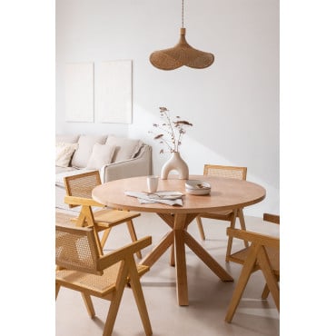 Set Ronde Mdf Eettafel (ø140 Cm) Pleven En 4 Stoelen Met Armleuningen In Essenhout En Rotan Lali-stijl Natuurlijk Hout - Sklum