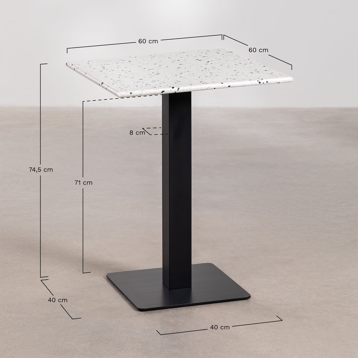 Vierkante bartafel in terrazzo (60x60 cm) praliné, AFMETINGEN