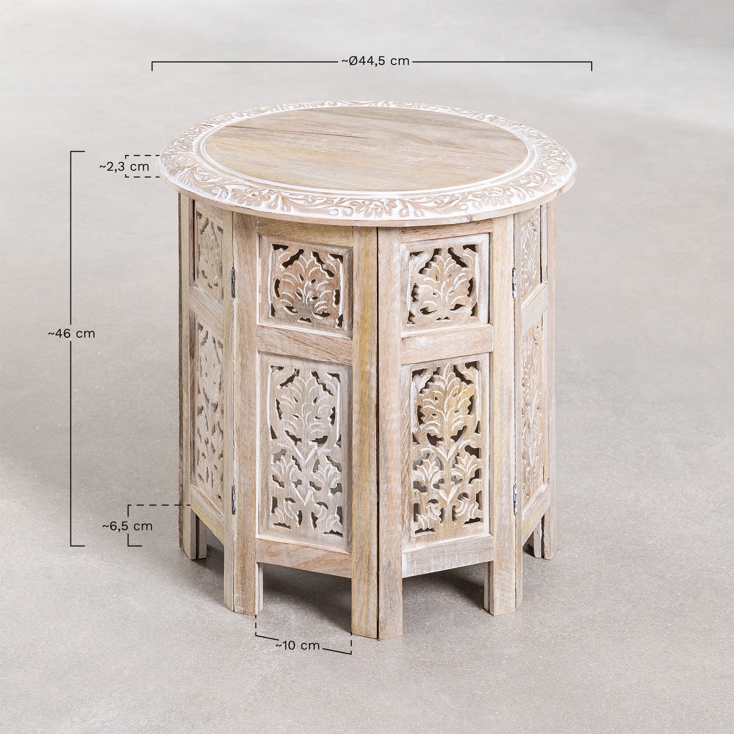 Opklapbare bijzettafel in mangohout (Ø44,5 cm) Kasira Design, AFMETINGEN