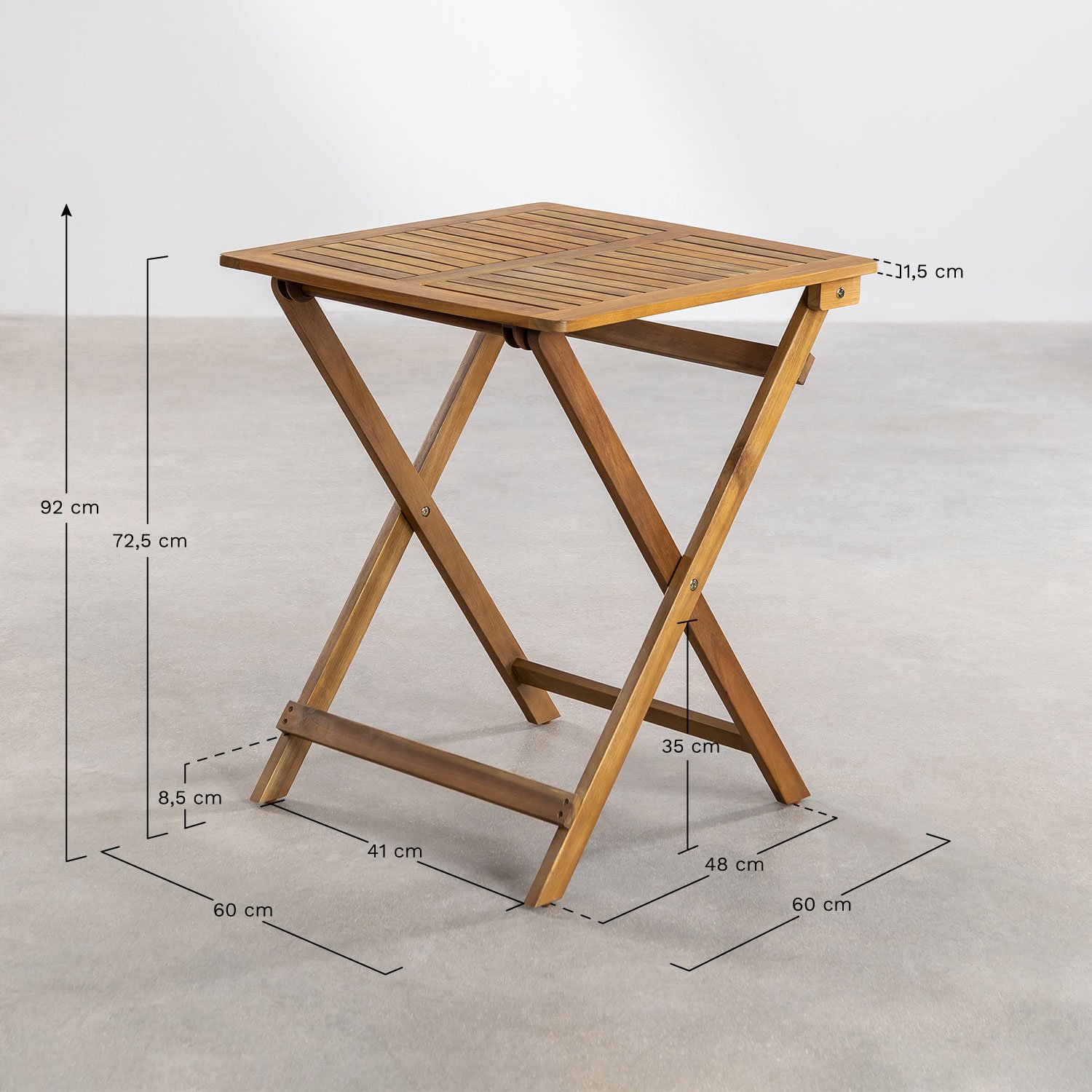 Vierkante tafelset (60x60 cm) en 2 opvouwbare tuinstoelen in acaciahout Delawer   , AFMETINGEN
