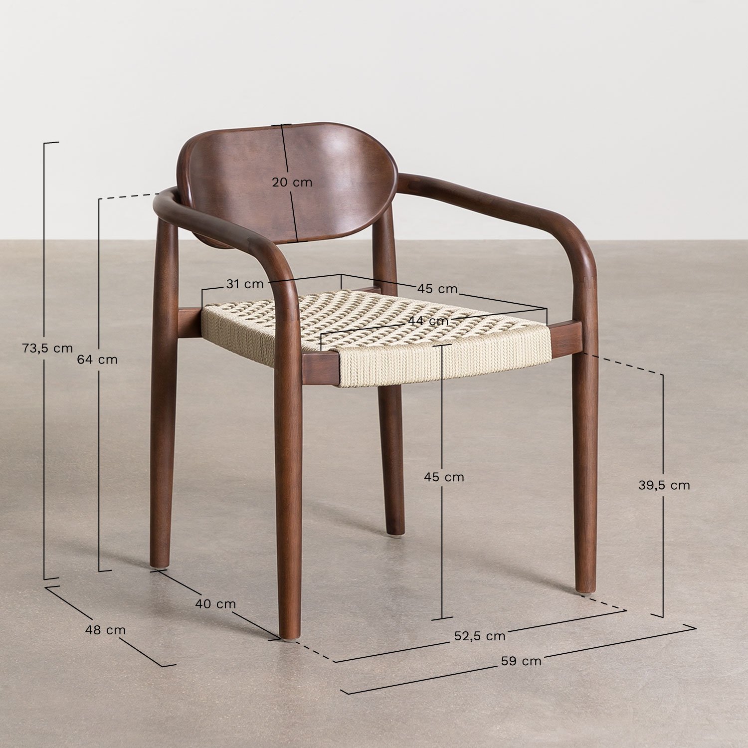 Set van 2 eetkamerstoelen met armleuningen in vintage Naele-hout   , AFMETINGEN