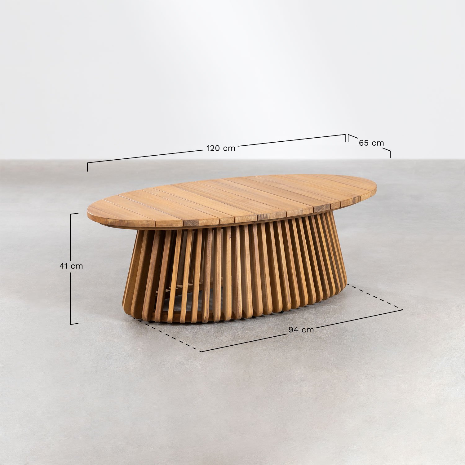 Ovale tuin salontafel 120x65 cm in Mura acacia hout, AFMETINGEN