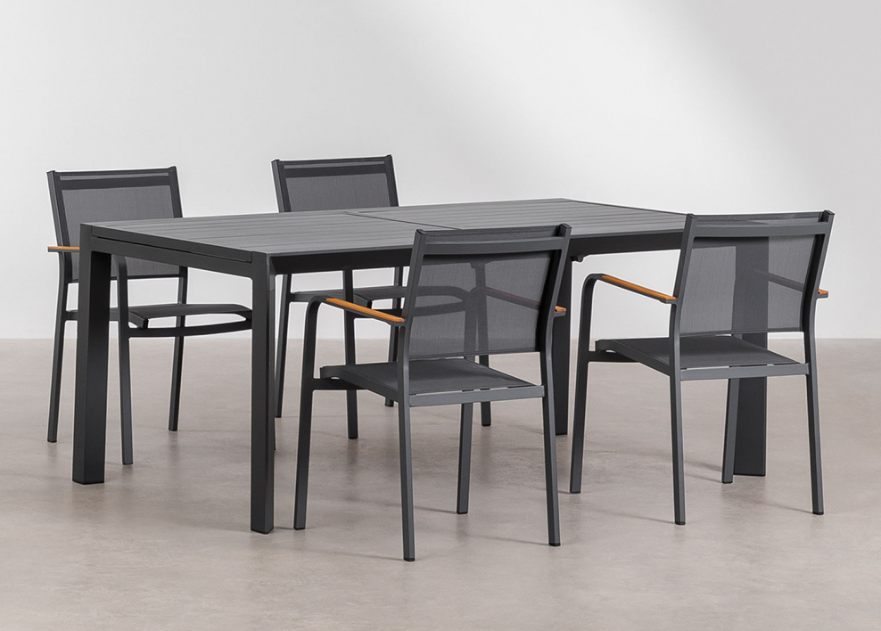 Rechthoekige uitschuifbare eettafel 180-240x100 cm Starmi en 4 stapelbare aluminium tuinstoelen Archer