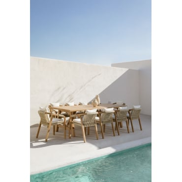 Set Van Een Rechthoekige Tafel 260x100 Cm En 10 Tuinstoelen Van Acaciahout Dubai Rustiek Acaciabruin & Stof Gardenia Wit - Sklum