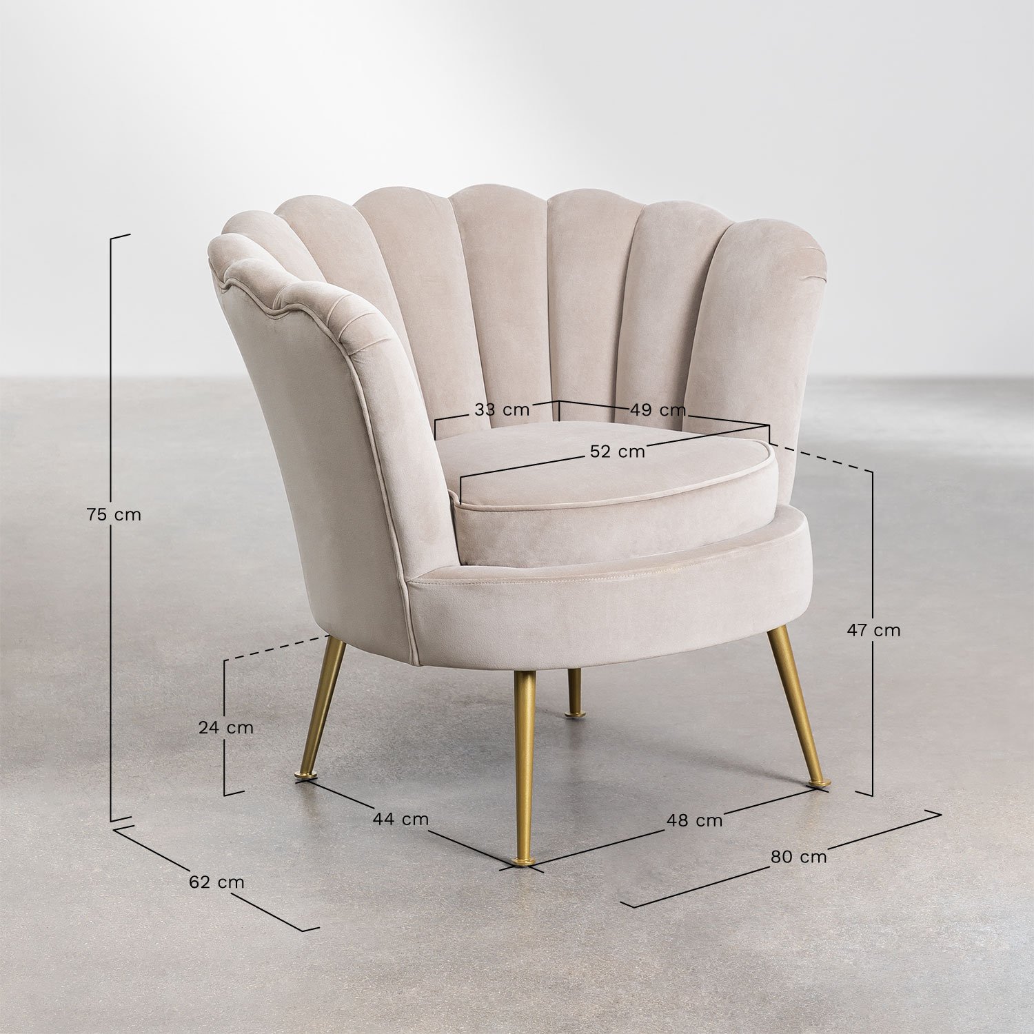 Fauteuil in fluweel Morla, AFMETINGEN