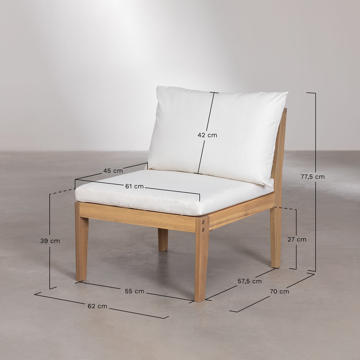 Tuinset met 4-delige modulaire bank met armleuningen en salontafel in Filips acaciahout        , AFMETINGEN