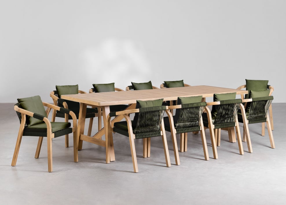 Rechthoekige eettafelset 260x100 cm met 10 acaciahouten eetkamerstoelen Dubai - Stof Leger Groen