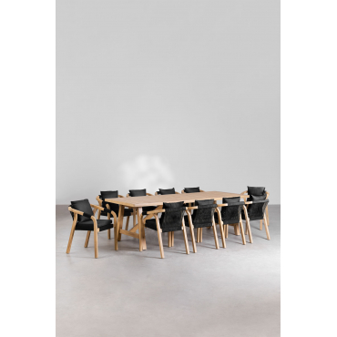 Rechthoekige Eettafelset 260x100 Cm Met 10 Acaciahouten Eetkamerstoelen Dubai Rustiek Acaciabruin & Stof Grijs – Grafiet - Sklum