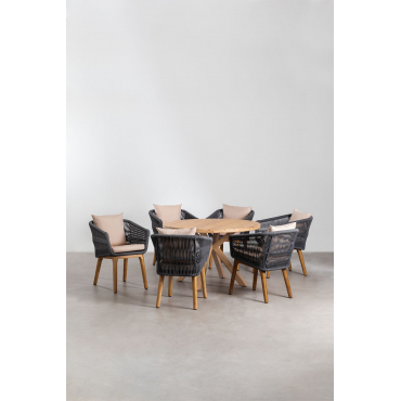 Set Van Ronde Houten Tafel (ø120 Cm) Naele En 6 Barker Tuinstoelen Grijs – Antraciet - Sklum