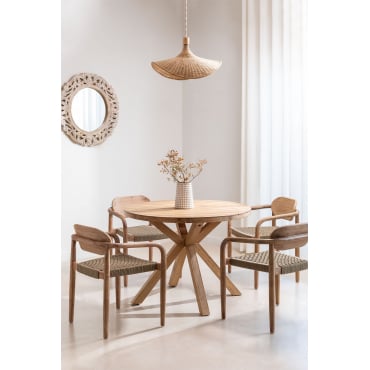 Ronde Tafelset (ø100 Cm) En 4 Eetkamerstoelen Met Armleuningen In Hout Naele Bruin - Tarwe - Sklum