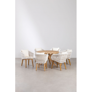 Set Van Ronde Houten Tafel (ø120 Cm) Naele En 6 Barker Tuinstoelen Gardenia Wit - Sklum