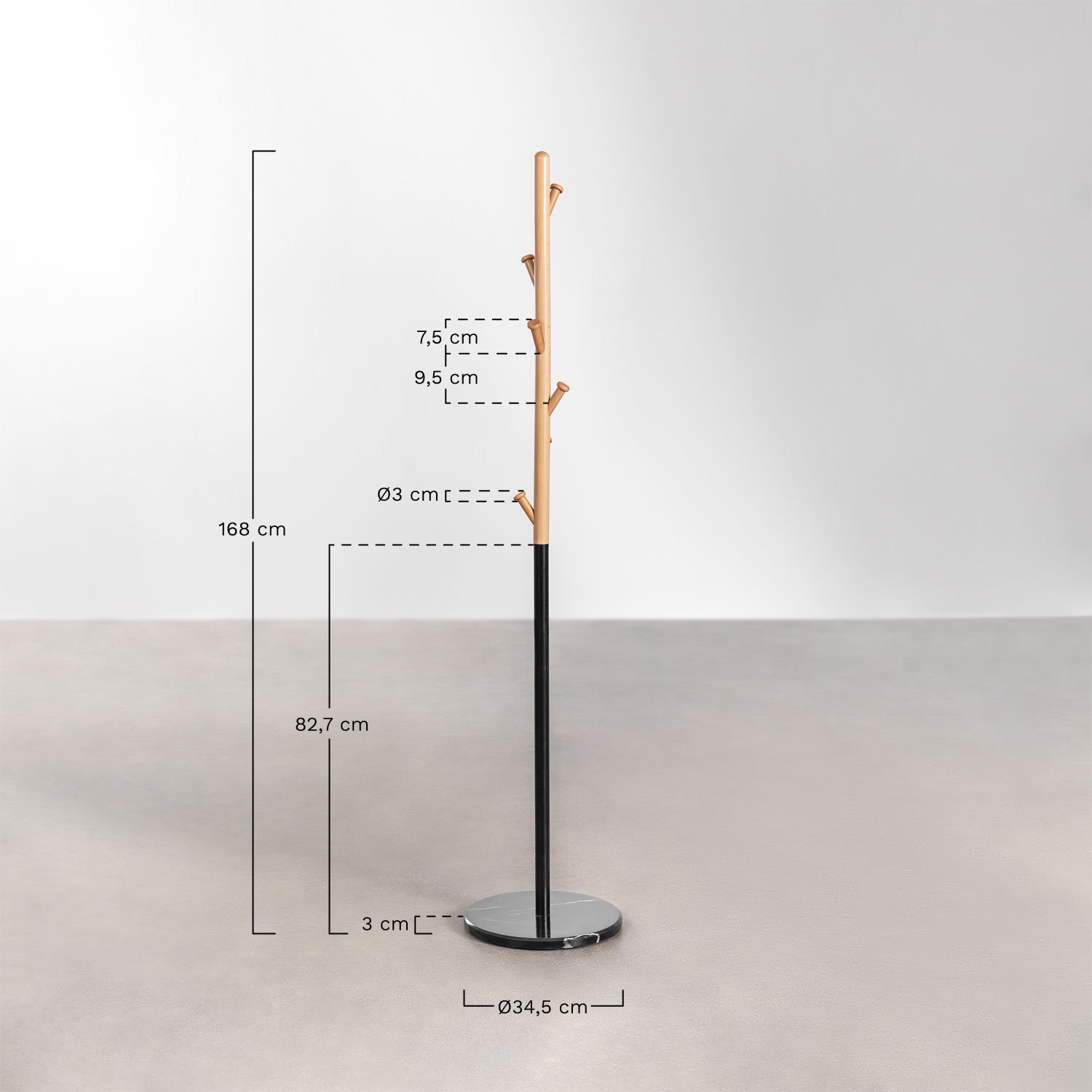 Staande kapstok van metaal en beukenhout Lauso, AFMETINGEN