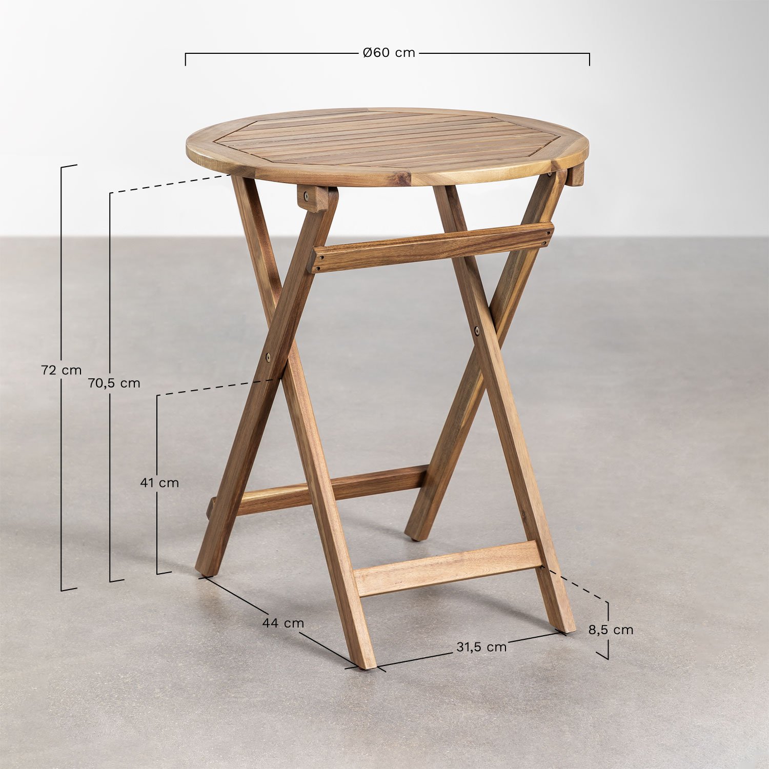 Set van ronde tafel Ø60 cm en 2 opvouwbare tuinstoelen in acaciahout Delawer Classic, AFMETINGEN